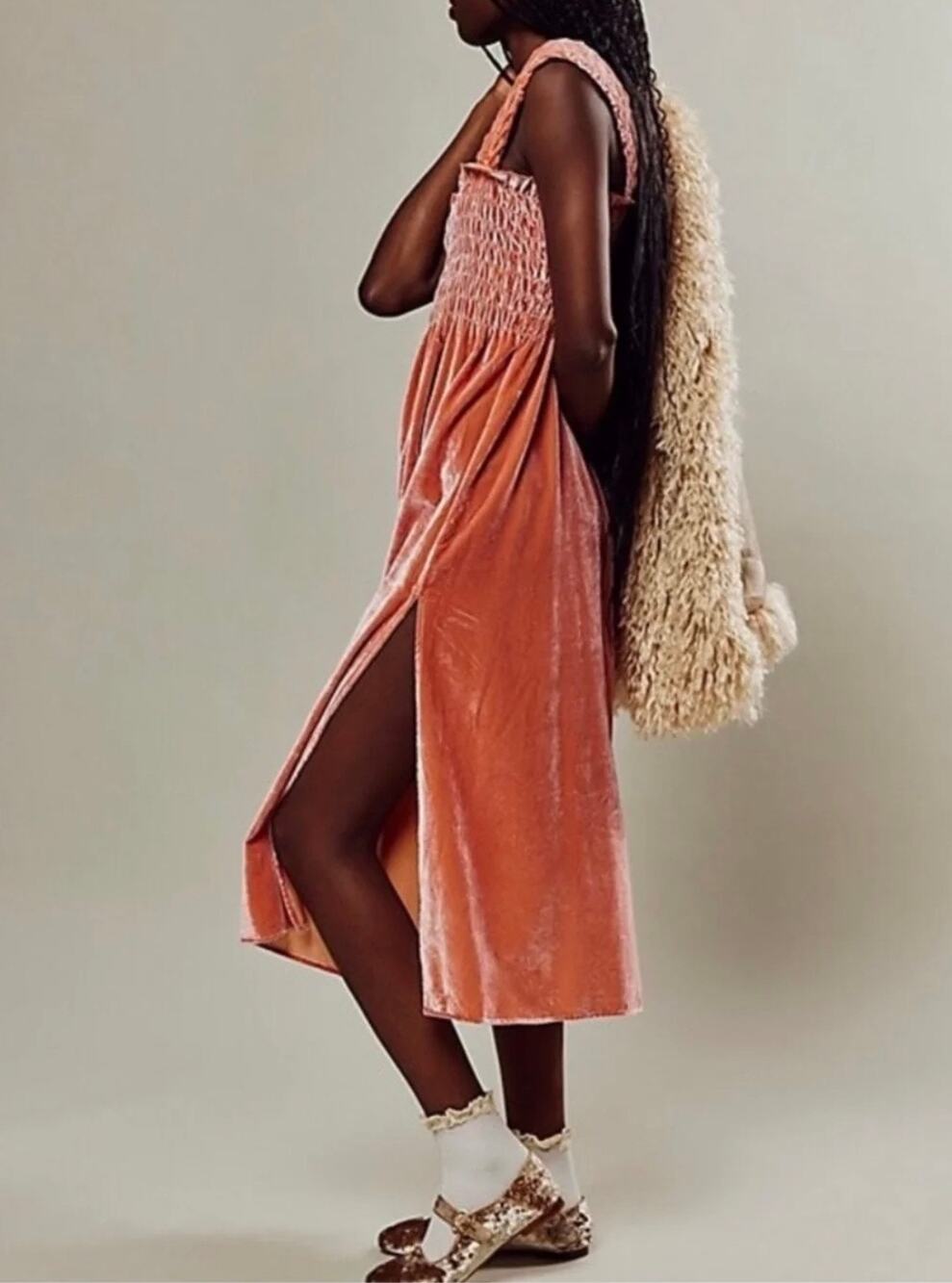 Free People $168 NWT Camille Velvet Midi Dress Pink Oversized XS